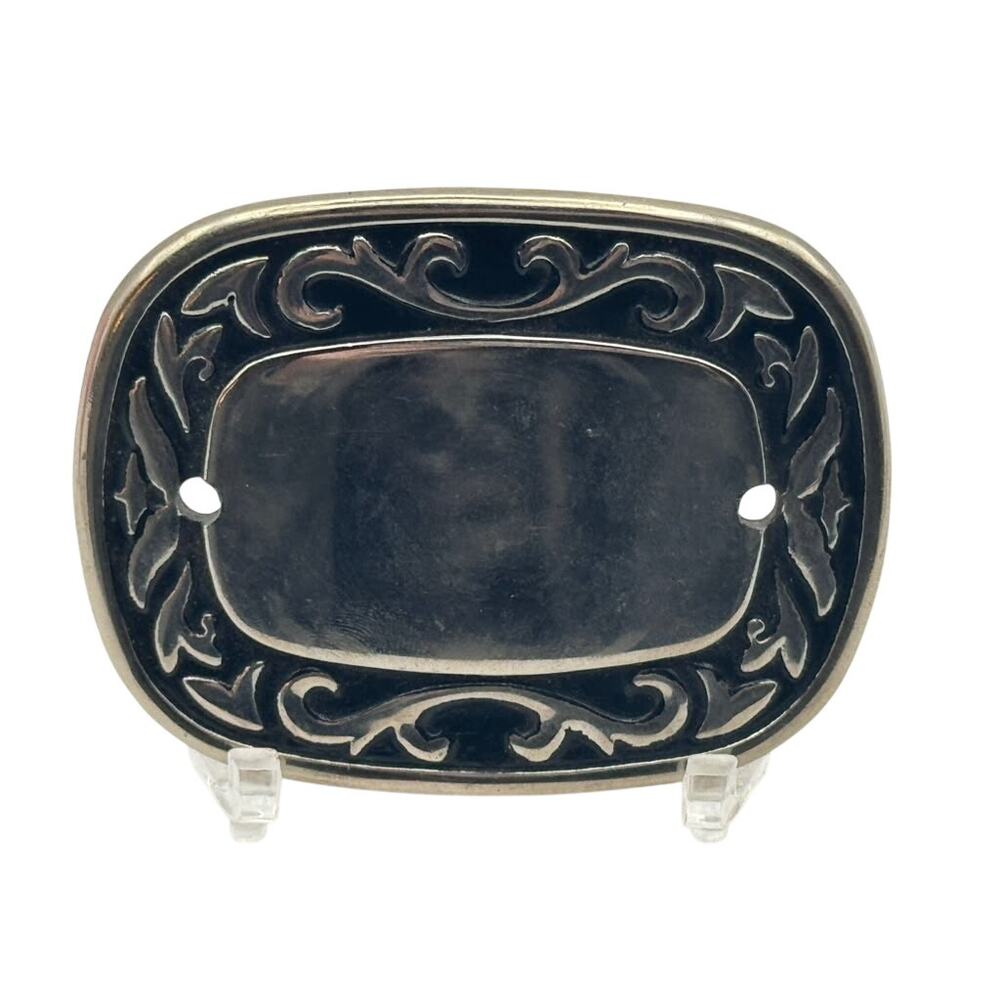 Vintage Western Scroll Frame Belt Buckle Silver Tone Black Blank Center Holes